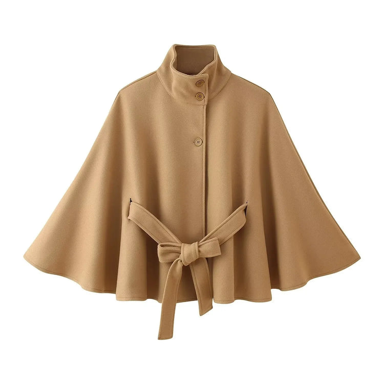 Women's Elegant Midi Cape Coat with Stand Collar Three Quarter Flared Sleeves Solid Color Belted Loose Fit Poncho For Woman