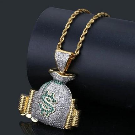 Hip Hop Ice Out Dollar Money Bag Necklace Shiny Cubic Zirconia Wallet Pendant for Men Women Hip Hop Rock Rap Cool Jewelry PlatiNum