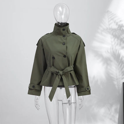 2026 Spring Women's Solid Lace Up Trench Coat Stand Collar Double Breasted Jacket Stylish New Lady Long Sleeve Outerwear Street