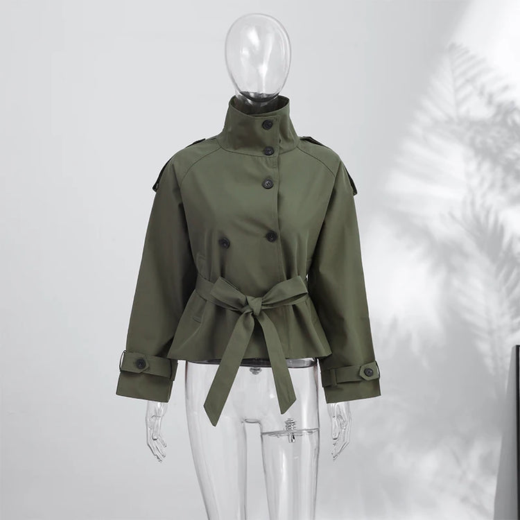 2026 Spring Women's Solid Lace Up Trench Coat Stand Collar Double Breasted Jacket Stylish New Lady Long Sleeve Outerwear Street