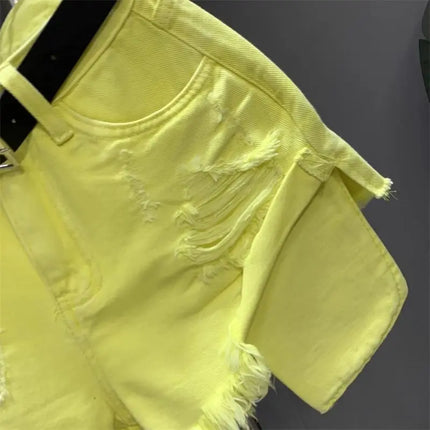 New style ripped denim shorts with frayed washed pockets and wide legs