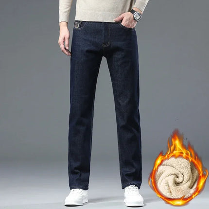 Winter Warm Fleece Jeans Men 2025 Straight Stretch Thick Casual Thermal Denim Pants Male Business Work Trousers New Men Clothing