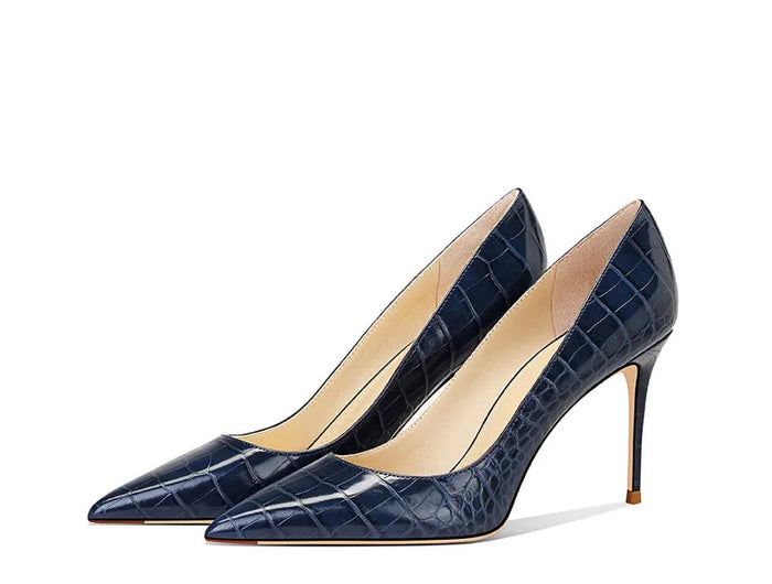 2025 New Blue Crocodile Leather High Heels Women Pointed Toe Stiletto Elegant Office Shoes