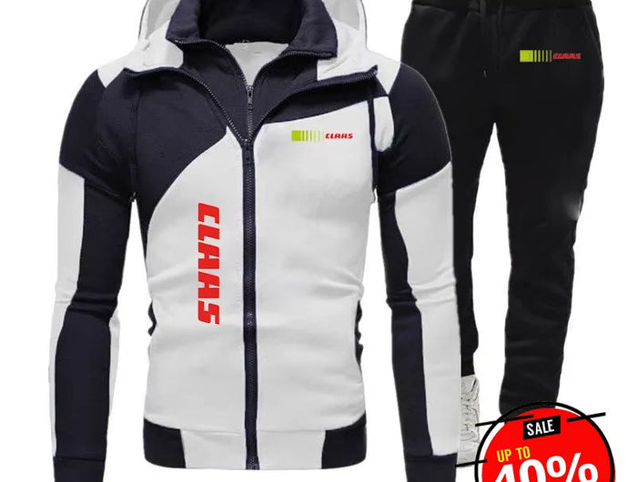 2025 Spring Autumn Claas Print Comfortable Splicing Hoodies+Trendy Solid Color Sweatpants Suit Men's Hooded Tracksuit Sports Set PlatiNum
