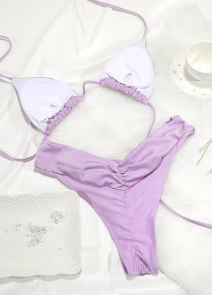 Set Bikini Sexy con Pieghe, Micro Bikini Tinta Unita, Costume da Bagno Femminile a Triangolo, Abbigliamento da Spiaggia platinumshop