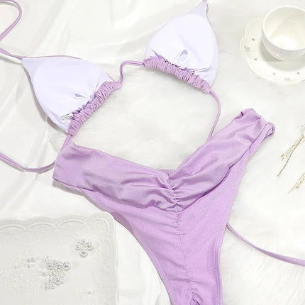 Set Bikini Sexy con Pieghe, Micro Bikini Tinta Unita, Costume da Bagno Femminile a Triangolo, Abbigliamento da Spiaggia platinumshop