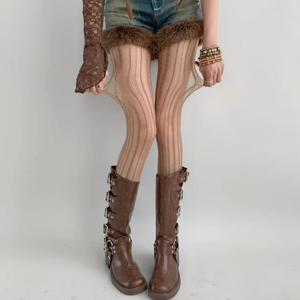Nouveau collant évidé marron rayé pour femmes, bas résille sexy en nylon, collants style High Street pour filles gothiques piquantes et maléfiques