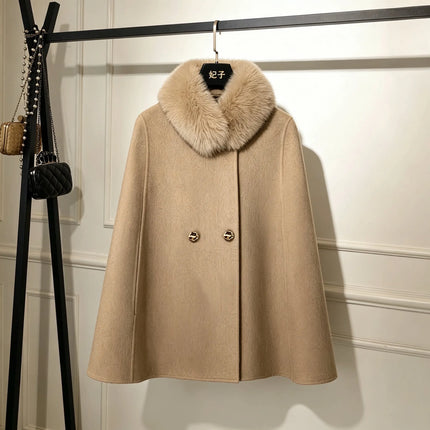 Korean Elegant Fashion Celebrity Woolen Cape Coats Women's Autumn Winter Plush Collar Double-breasted Versatile Wool Jacket Coat