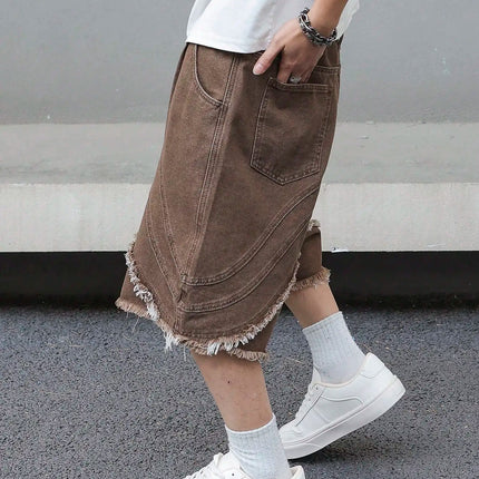 Pantaloncini estivi in denim marrone da uomo, caratterizzati dallo stile street retrò alla moda, alla moda, vestibilità ampia, adatti per l'abbigliamento casual quotidiano.
