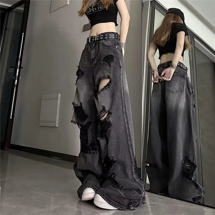 Jeans strappati unici e alla moda da donna, estivi, in stile americano, a zampa d'elefante, vestibilità ampia, versatili, a gamba dritta, lunghi