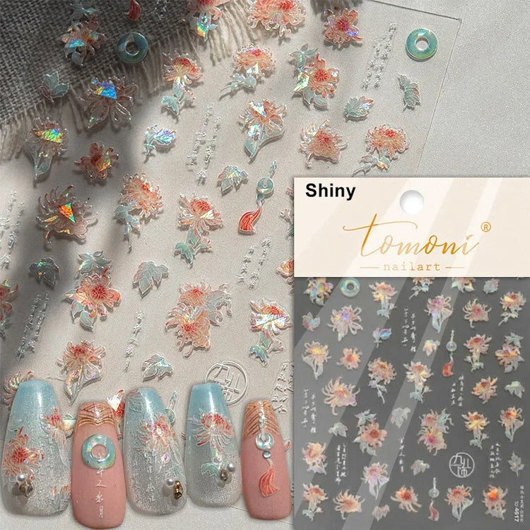 5D Kawaii Lily Nail Art Stickers 1pcs Japanese Pink White Flower With Diamond Self Adhesive Nail Decorations Slider Decals DIY