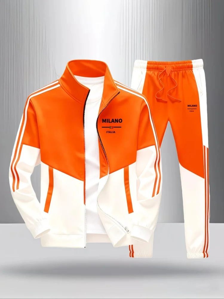 Men 2 Piece Tracksuit Fashion Milano Italia Print Stand Collar Full Zip Jacket Drawstring Jogger Suits Athletic Casual Outfit