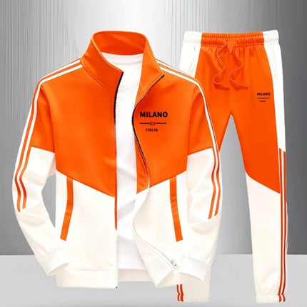 Men 2 Piece Tracksuit Fashion Milano Italia Print Stand Collar Full Zip Jacket Drawstring Jogger Suits Athletic Casual Outfit