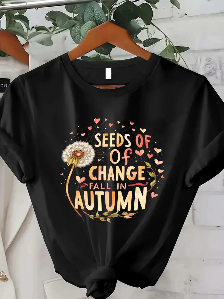 Comoda maglietta con stampa da donna Breathe in the Autumn Air T-shirt floreale da donna, stile stagione autunnale