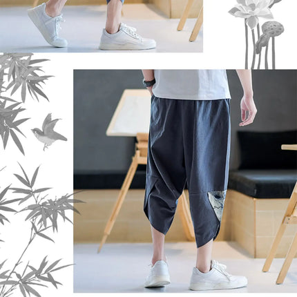 Pantaloni Kimono giapponesi da uomo in cotone traspirante Samurai Abbigliamento Pantaloni da uomo Stampa allentata Pantaloncini Harem retrò Pantaloni Hip Hop Harajuku