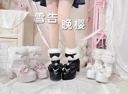 Original Japanese Sweet Cute Style Versatile Bow High Heel Boots Autumn Winter Mass-Produced Rhinestones Fur Short Boots