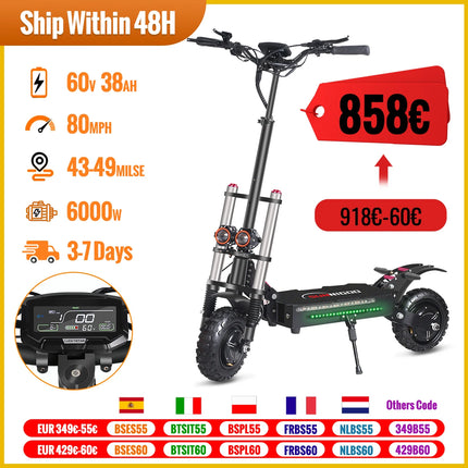 6000W Potente Scooter Elettrico 60V 38Ah Velocità Massima 85 km/h 100 km Gamma 11 '' Pneumatici Doppio Ammortizzante Pieghevole EScooter per Adulti