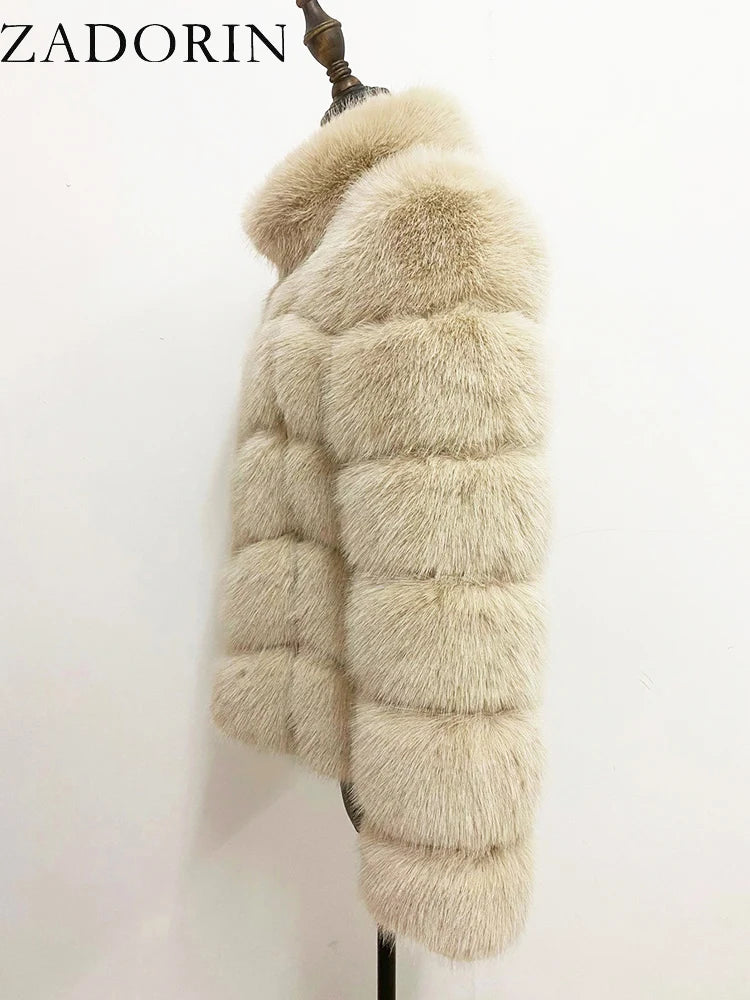 ZADORIN Winter Clothes For Women Stand Collar Splicing Long Sleeve Faux Fur Coat Women Black White Fluffy Jacket Faux Fur Coats