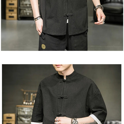 Camicia stile giapponese da uomo estiva cinese colletto rialzato Yukata Kimono Samurai Indossare T-shirt color block Hanbok Cappotto casual