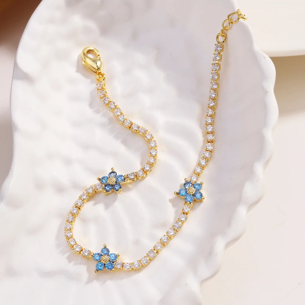 Fiori colorati con zirconi cubici Baguette Catena da tennis Collana girocollo da donna Gioielli hip-hop in ottone per donna Dorato