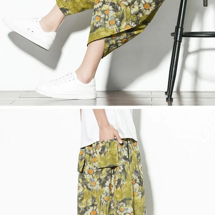 Pantaloncini Estivi Harajuku Larghi Stampati Traspiranti Casual a Lunghezza Polpaccio in Cotone Oversize da Uomo
