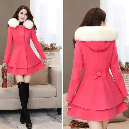 2023 New Winter Women's Woolen Blend Coat A-Line Double-Breasted Jackets Female Fur Collar Office Lady Wool Outwear