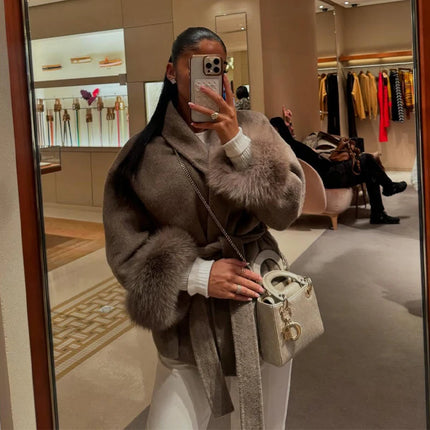 Elegant Women's Lace Up Woolen Coats Solid Full Sleeve Turn-down Collar Loose Lady Coats 2026 Autumn Winter Female Streetwear
