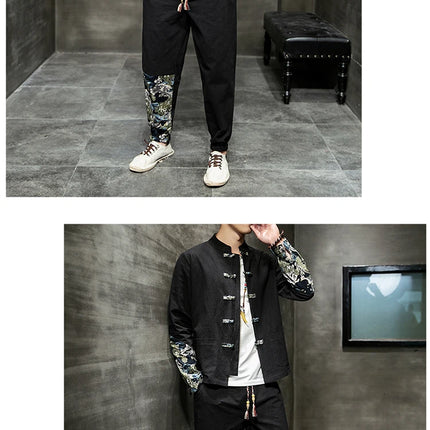 Completo Due Pezzi da Uomo, Nuovo Stile Primaverile in Lino, Comodo Completo Retrò Tang in Cotone Patchwork, Camicia Casual e Giacca Stampata Kung Fu