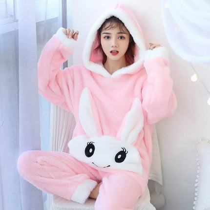 2024 New Plush Pajamas Set for Women Thick Hooded Women 2 Piece Clothes Set Cute Rabbit Women Pyjamas Coral Fleece Warm Homewear