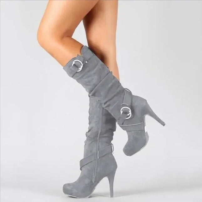 2023Sexy Knee High Women Boots Thin High Heel Round Toe Platform Fashion Ladies Pu Leather Boots Size 34-43 Lady Shoes PlatiNum