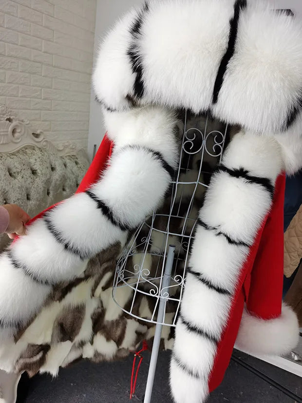 Winter Long Jacket Real Fur Coat Women Clothes Large Silver Fox Fur Collar Detachable Natural Fox Lining Parkas Leather Fur