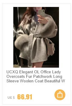 UCXQ Elegant Woolen Coat Temperament Office Lady Overcoats Fur Patchwork Long Sleeve Beautiful Women's Coats 2025 Winter New