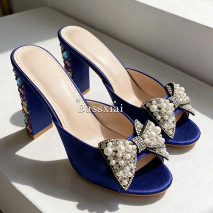 Sandali con tacco alto da donna estivi in seta blu con strass colorati e decorazioni a nodo a farfalla in cristallo per ragazze