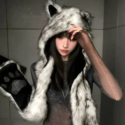 Japanese Kawaii Cute Fur Scarf Hat Winter Keep Warm Y2k Aesthetic Fashion Vintage Cap Bears Ears Women Hats Grunge Streetwear