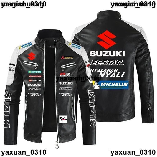 Men's PU high-end light luxury SUZUKI logo leather jacket autumn and winter stand collar motorcycle racing suit color1
