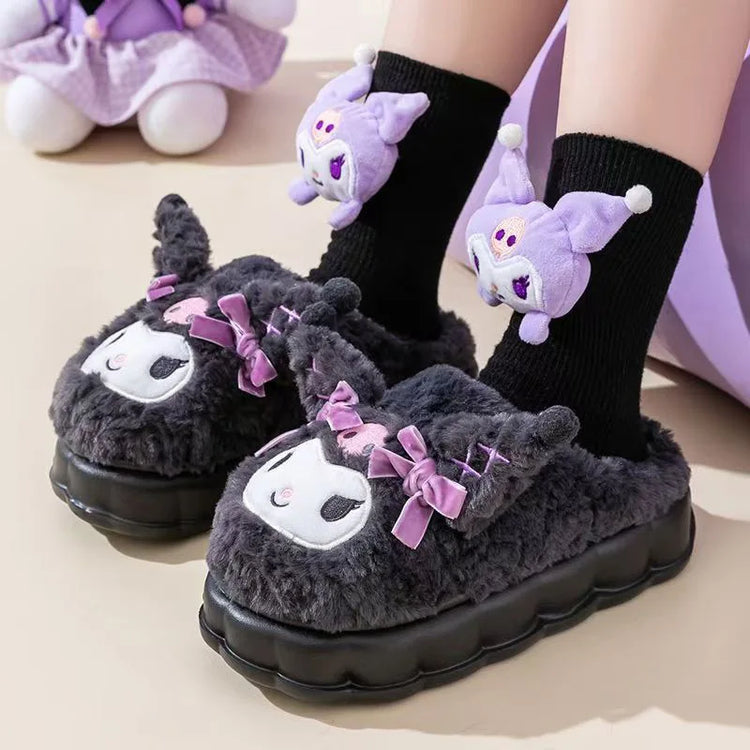 Sanrio Kuromi Kawaii Plush Slippers Women Thick Platform Height Increasing Non-Slip Warm Winter Indoor House Shoes