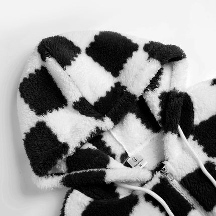 Men's Black & White Checkerboard Fleece Hooded Zip-Up Jacket Winter Thick Warm Sherpa Casual Coat