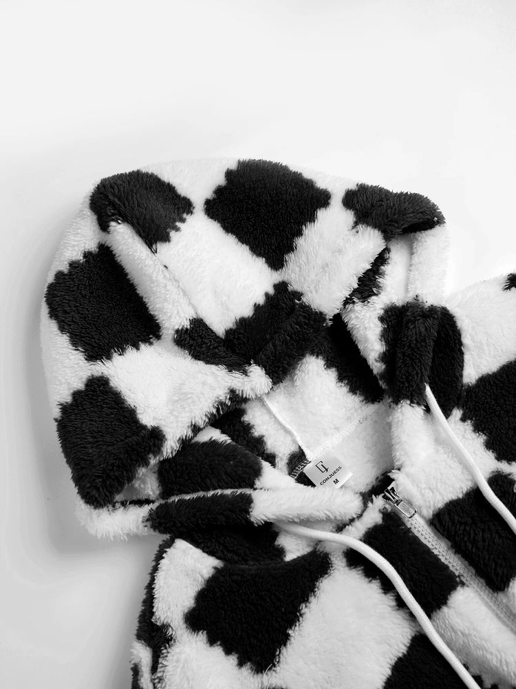 Men's Black & White Checkerboard Fleece Hooded Zip-Up Jacket Winter Thick Warm Sherpa Casual Coat