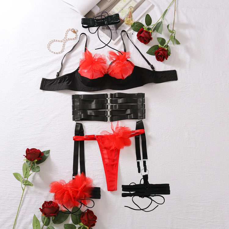Lingerie Set 5 Piece for Women Sheer Mesh Cutout Patchwork Floral Embellished Bra with Garters Sexy Underwear