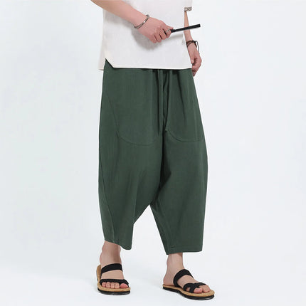 Pantaloni Harem in Cotone e Lino da Uomo, Casual, Traspiranti, Comodi, Estivi, Lunghezza al Polpaccio, Taglie Forti fino a 5XL