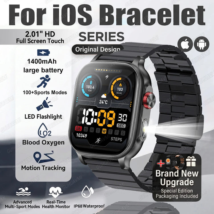 2026New Smart Watch Fitness Clock Men 2.01" AMOLED Screen 1400mAh 130+ Days Battery Life Flashlight Call Waterproof Smartwatches