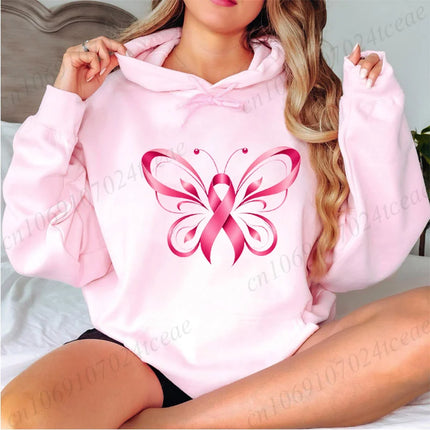 Pink Ribbon Butterfly Halloween Design Hoodies Breast Cancer Awareness Graphic Hooded Sweatshirts Long Sleeve Tracksuits Gifts