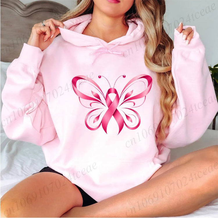 Pink Ribbon Butterfly Halloween Design Hoodies Breast Cancer Awareness Graphic Hooded Sweatshirts Long Sleeve Tracksuits Gifts