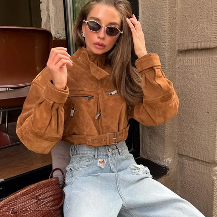 Brown Suede Leather Short Coats Women Solid Stand Collar Zipper Waist Belted Cropped Jackets 2026 Lady Autumn Y2k Casual Outwear