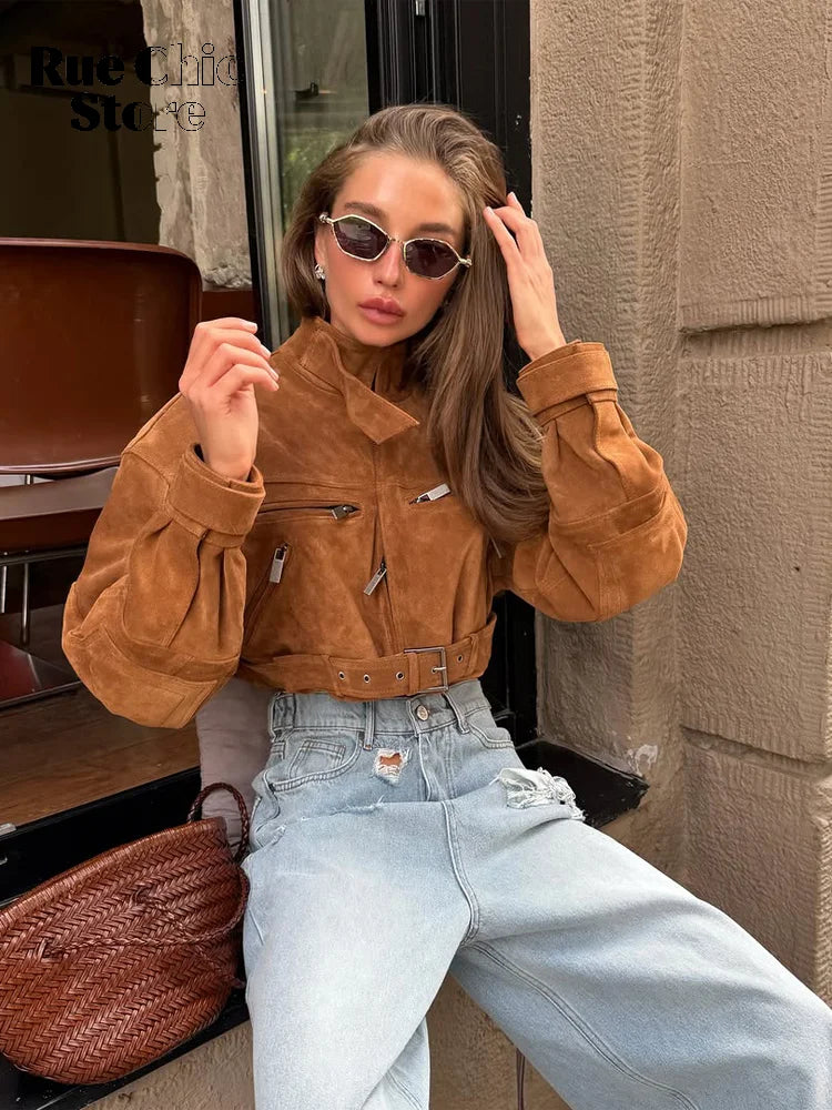 Brown Suede Leather Short Coats Women Solid Stand Collar Zipper Waist Belted Cropped Jackets 2026 Lady Autumn Y2k Casual Outwear