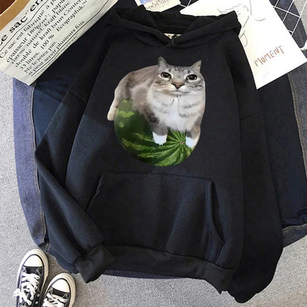 Cute Watermelon Cat Silly Cat Meme Printed Hoodies 90s Casual Sweatshirts Graphic Y2k Hooded Women's Gothic Streetwear Clothes