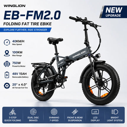Nuova Bicicletta Elettrica Pieghevole WINGLION eb-fm2.0, Motore 720W, Batteria 48V 15AH, Pneumatici Larghi 20 "x4.0, Freno Idraulico, Ideale per Adulti, Città, Casa, Lavoro