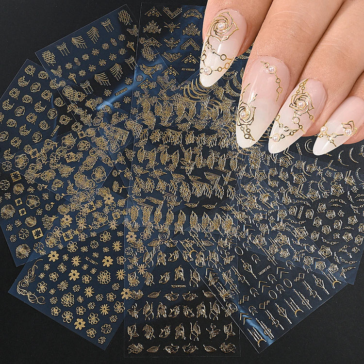1pcs Gilded Hollow Flower Leaves Nail Art Stickers French Lines Bohemian Tassels 3D Nail Decals Rose Pattern Manicure Decoration
