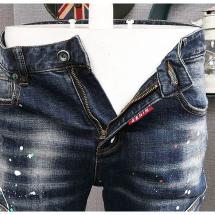 Fashion Streetwear Men Jeans Retro Black Blue Elastic Slim Fit Ripped Jeans Men Spliced Designer Embroidery Hip Hop Denim Pants PlatiNum