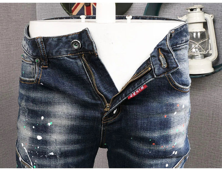 Fashion Streetwear Men Jeans Retro Black Blue Elastic Slim Fit Ripped Jeans Men Spliced Designer Embroidery Hip Hop Denim Pants PlatiNum